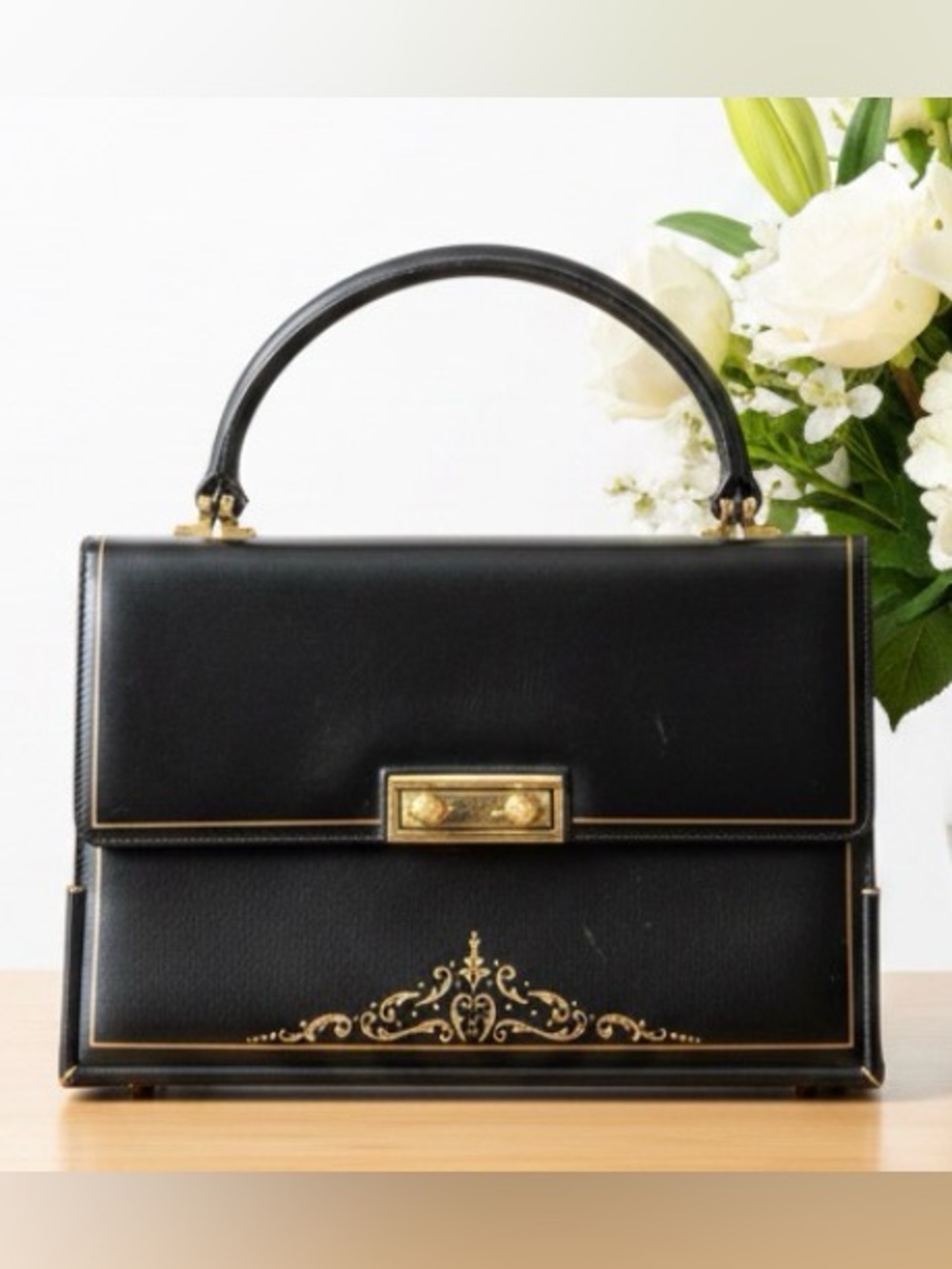 Vintage Scuola del Cuoio 950s Purse Blue Gold Embossed Italy Hand Crafted